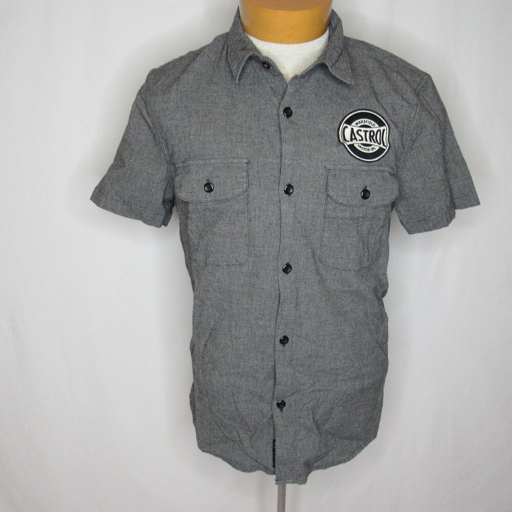 Lucky Brand Gray Saturday Stretch Relaxed Fit Work Shirt Castrol Oil Patch Men L